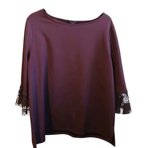 Ann Taylor Factory Burgundy Tunic Size XL 3/4 Flare Sleeves Mesh Lace Trim Top